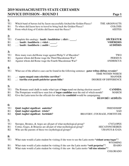 2019 MASSACHUSETTS STATE CERTAMEN NOVICE DIVISION - ROUND I Page 1