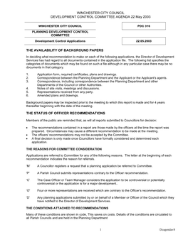 WINCHESTER CITY COUNCIL DEVELOPMENT CONTROL COMMITTEE AGENDA 22 May 2003 the AVAILABILITY of BACKGROUND PAPERS the STATUS OF