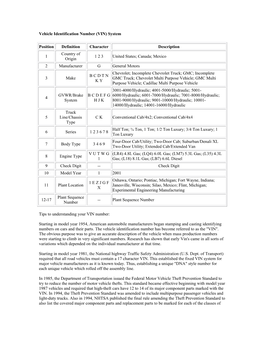 Vehicle Identification Number (VIN) System