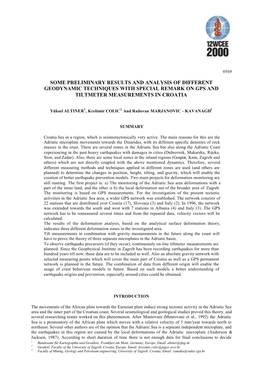 Some Preliminary Results and Analysis of Different Geodynamic Techniques with Special Remark on Gps and Tiltmeter Measurements in Croatia