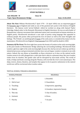 ENGLISH 'B' Class: XI Topic: Upon Westminster Bridge Date