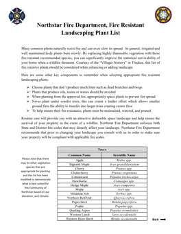 Northstar Fire Department, Fire Resistant Landscaping Plant List