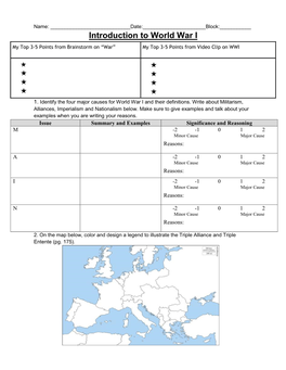 Introduction to World War I My Top 3-5 Points from Brainstorm on “War” My Top 3-5 Points from Video Clip on WWI