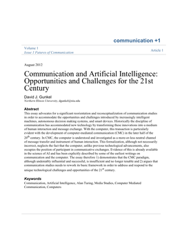 Communication and Artificial Intelligence: Opportunities and Challenges for the 21St Century David J