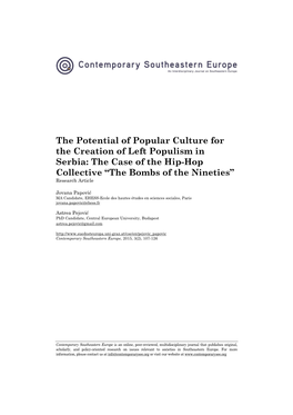 The Potential of Popular Culture for the Creation of Left Populism in Serbia: the Case of the Hip-Hop Collective “The Bombs of the Nineties” Research Article