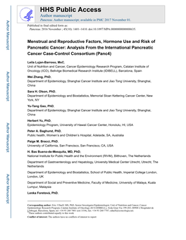 Menstrual and Reproductive Factors, Hormone Use and Risk of Pancreatic Cancer: Analysis from the International Pancreatic Cancer Case-Control Consortium (Panc4)