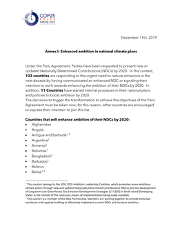 December 11Th, 2019 Annex I: Enhanced Ambition in National Climate Plans Under the Paris Agreement, Parties Have Been Requested