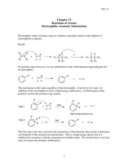 Chapter 13 Reactions of Arenes Electrophilic Aromatic Substitution