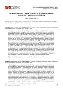Malpighiaceae De Colombia: Patrones De Distribución, Riqueza, Endemismo Y Diversidad Filogenética