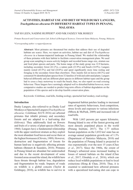 ACTIVITIES, HABITAT USE and DIET of WILD DUSKY LANGURS, Trachypithecus Obscurus in DIFFERENT HABITAT TYPES in PENANG, MALAYSIA