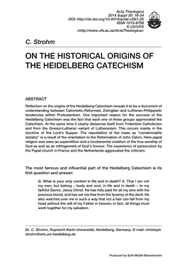 On the Historical Origins of the Heidelberg Catechism