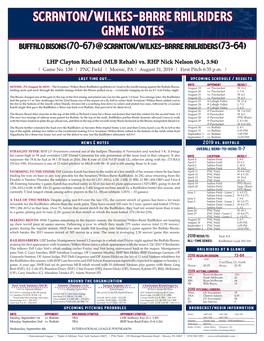 Scranton/Wilkes-Barre Railriders Game Notes Buffalo Bisons (70-67) @ Scranton/Wilkes-Barre Railriders (73-64)