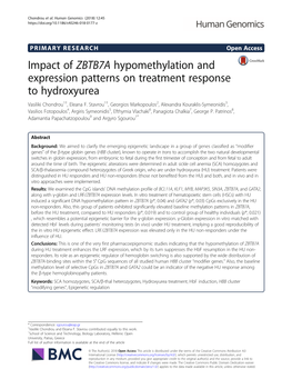Impact of ZBTB7A Hypomethylation and Expression Patterns on Treatment Response to Hydroxyurea Vasiliki Chondrou1†, Eleana F