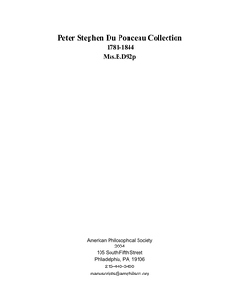 Peter Stephen Du Ponceau Collection 1781-1844 Mss.B.D92p