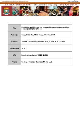 Title Reliability, Validity, and Cut Scores of the South Oaks Gambling Screen