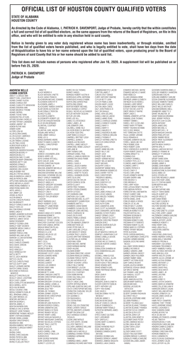 Official List of Houston County Qualified Voters State of Alabama Houston County