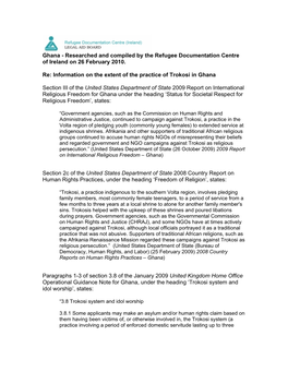 Ghana - Researched and Compiled by the Refugee Documentation Centre of Ireland on 26 February 2010