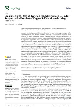 Evaluation of the Use of Recycled Vegetable Oil As a Collector Reagent in the Flotation of Copper Sulﬁde Minerals Using Seawater