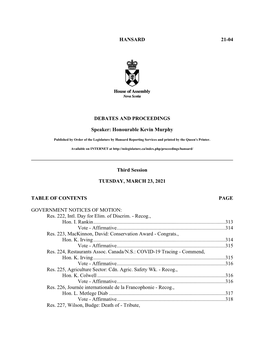 HANSARD 21-04 DEBATES and PROCEEDINGS Speaker