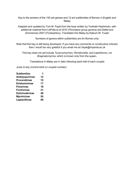 Key to the Workers of the 100 Ant Genera and 12 Ant Subfamilies of Borneo in English and Malay