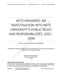An Investigation Into Wits University's Public Roles and Responsibilities, 1922