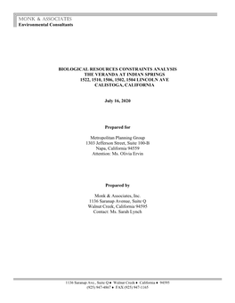 MONK & ASSOCIATES Environmental Consultants BIOLOGICAL RESOURCES CONSTRAINTS ANALYSIS the VERANDA at INDIAN SPRINGS 1522, 1