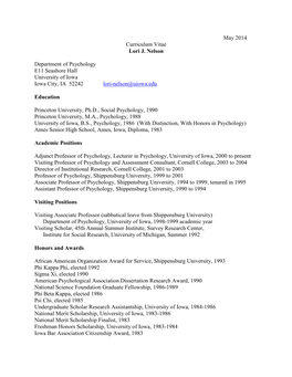 May 2014 Curriculum Vitae Lori J. Nelson Department of Psychology