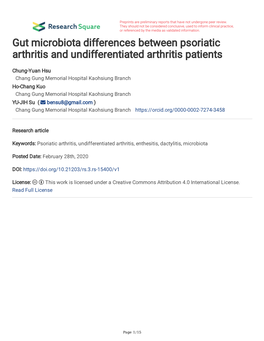 Gut Microbiota Differences Between Psoriatic Arthritis and Undifferentiated Arthritis Patients