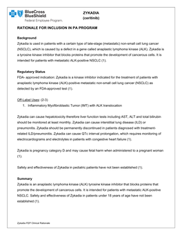 ZYKADIA (Ceritinib) RATIONALE for INCLUSION in PA PROGRAM