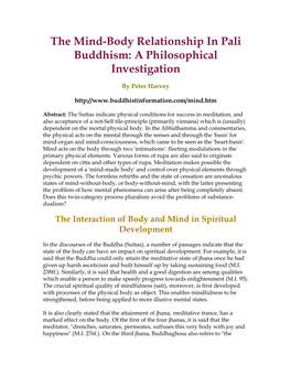 The Mind-Body in Pali Buddhism: a Philosophical Investigation