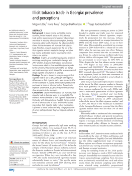 Illicit Tobacco Trade in Georgia: Prevalence and Perceptions Megan Little,1 Hana Ross,1 George Bakhturidze ‍ ,2,3 Iago Kachkachishvili4