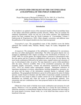 An Annotated Checklist of the Coccinellidae (Coleoptera) of the Indian Subregion