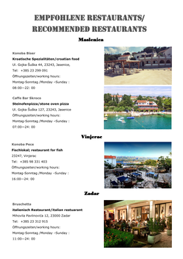 Restaurants, Ausflugsziele, Aktivitäten, Freizeitangebote