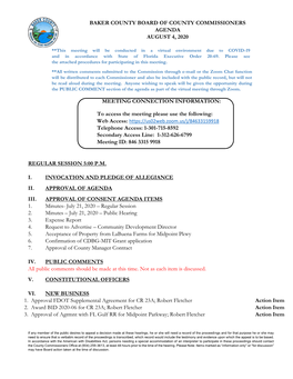 BAKER COUNTY BOARD of COUNTY COMMISSIONERS AGENDA AUGUST 4, 2020 MEETING CONNECTION INFORMATION: to Access the Meeting Please U