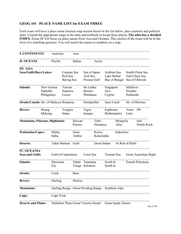 GEOG 101 PLACE NAME LIST for EXAM THREE