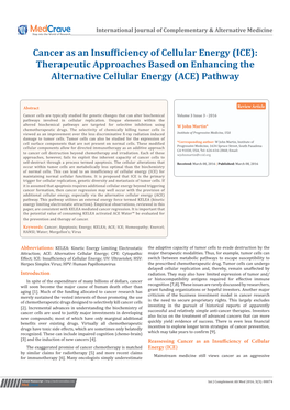 Cancer As an Insufficiency of Cellular Energy (ICE): Therapeutic Approaches Based on Enhancing the Alternative Cellular Energy (ACE) Pathway