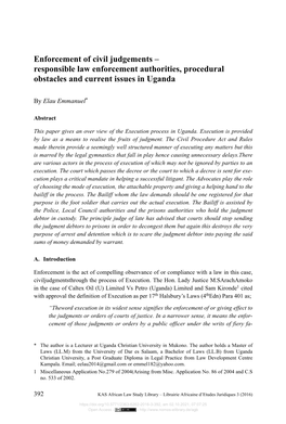 Enforcement of Civil Judgements – Responsible Law Enforcement Authorities, Procedural Obstacles and Current Issues in Uganda