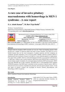 A Rare Case of Invasive Pituitary Macroadenoma with Hemorrhage in MEN 1 Syndrome - a Case Report