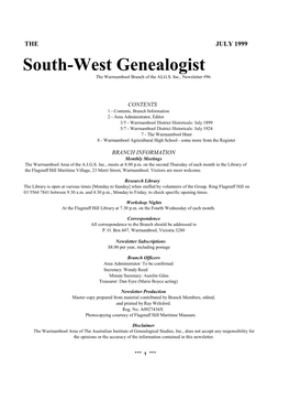 South-West Genealogist the Warrnambool Branch of the ALG.S