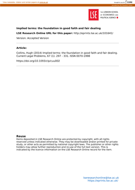 Implied Terms: the Foundation in Good Faith and Fair Dealing LSE Research Online URL for This Paper: Version: Accepted Version