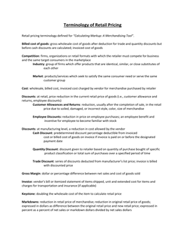 Terminology of Retail Pricing