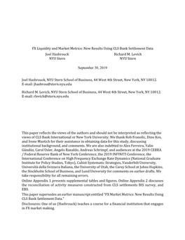 FX Liquidity and Market Metrics: New Results Using CLS Bank Settlement Data Joel Hasbrouck NYU Stern Richard M. Levich NYU Stern