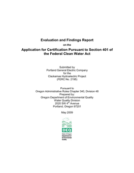 Evaluation and Findings Report on the Application for Certification Pursuant to Section 401 of the Federal Clean Water Act