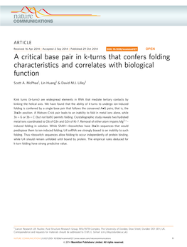 A Critical Base Pair in K-Turns That Confers Folding Characteristics and Correlates with Biological Function