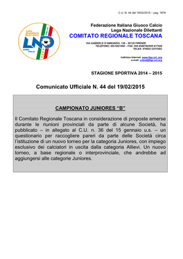 Comunicato Ufficiale N. 44 Del 19/02/2015 COMITATO