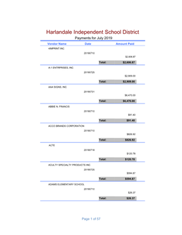 Harlandale Independent School District Payments for July 2019