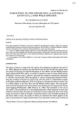 Variation in the Grass Pea (Lathyrus Sa Tivus L.' and Wild Species