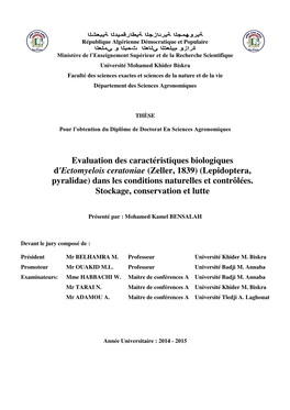 Evaluation Des Caractéristiques Biologiques D'ectomyelois Ceratoniae (Zeller, 1839) (Lepidoptera