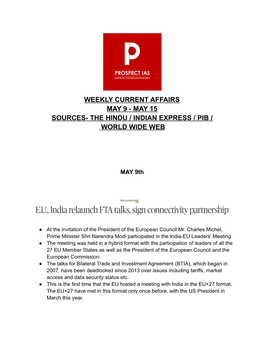 Weekly Current Affairs May 9 - May 15 Sources- the Hindu / Indian Express / Pib / World Wide Web