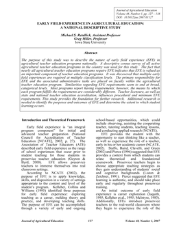 EARLY FIELD EXPERIENCE in AGRICULTURAL EDUCATION: a NATIONAL DESCRIPTIVE STUDY Michael S. Retallick, Assistant Professor Greg M